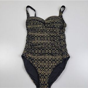 Nip Tuck‎ One Piece Bathing Suit Black and Gold Trim size 6 EUC
